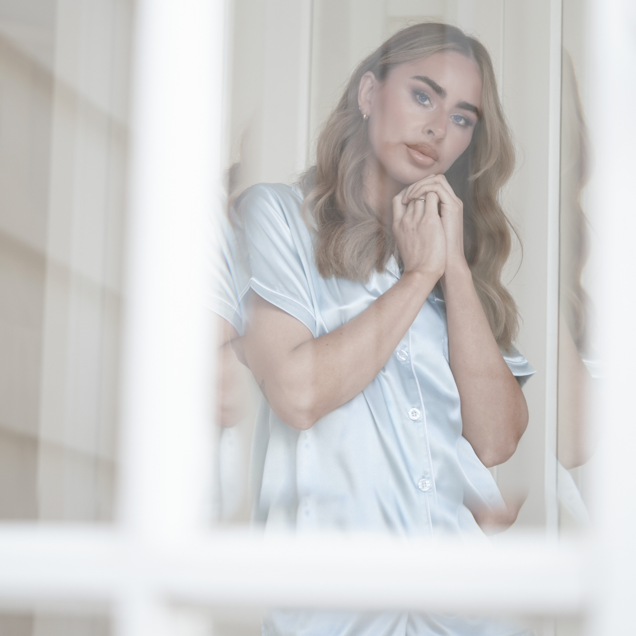 Short Sleeve Pyjamas in Light Blue with White Piping