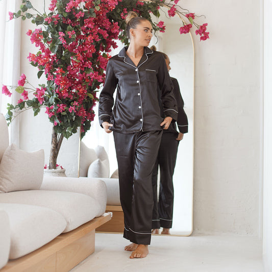 Long Sleeve Pyjamas in Black with White Piping