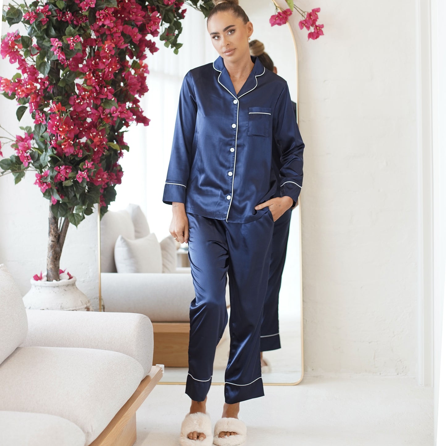 Long Sleeve Pyjamas in Navy with White Piping