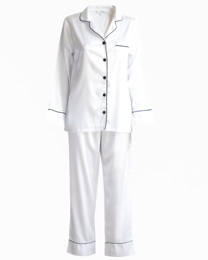 Long Sleeve Pyjamas in White with Black Piping