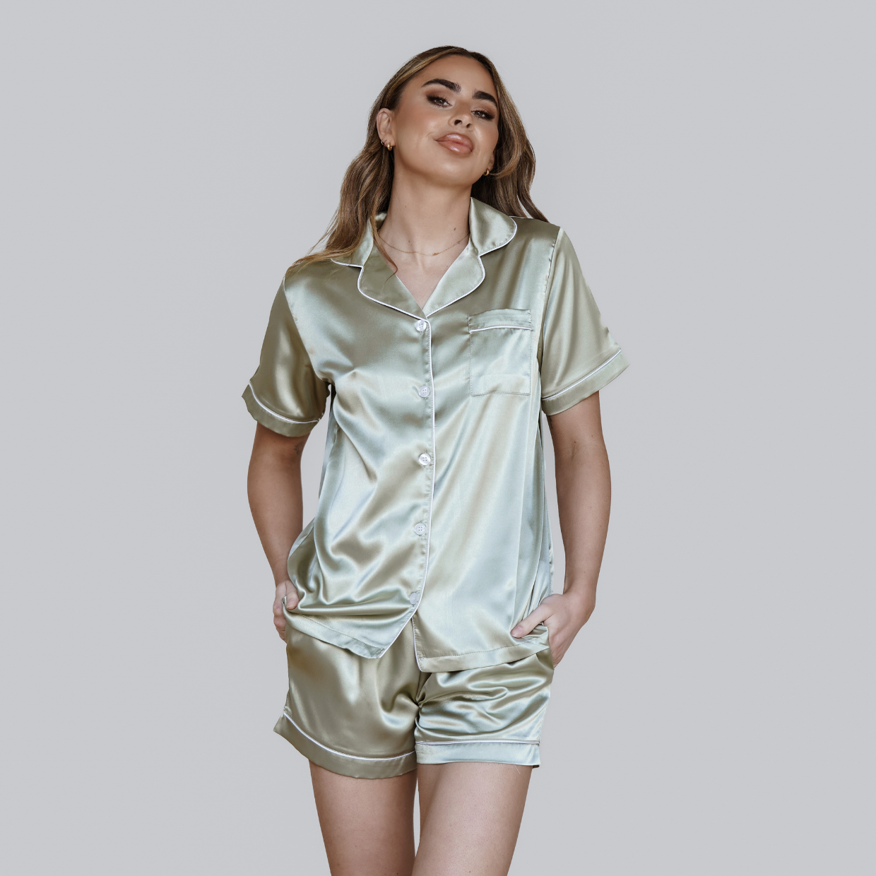 Short Sleeve Pyjamas in Dusty Sage with White Piping