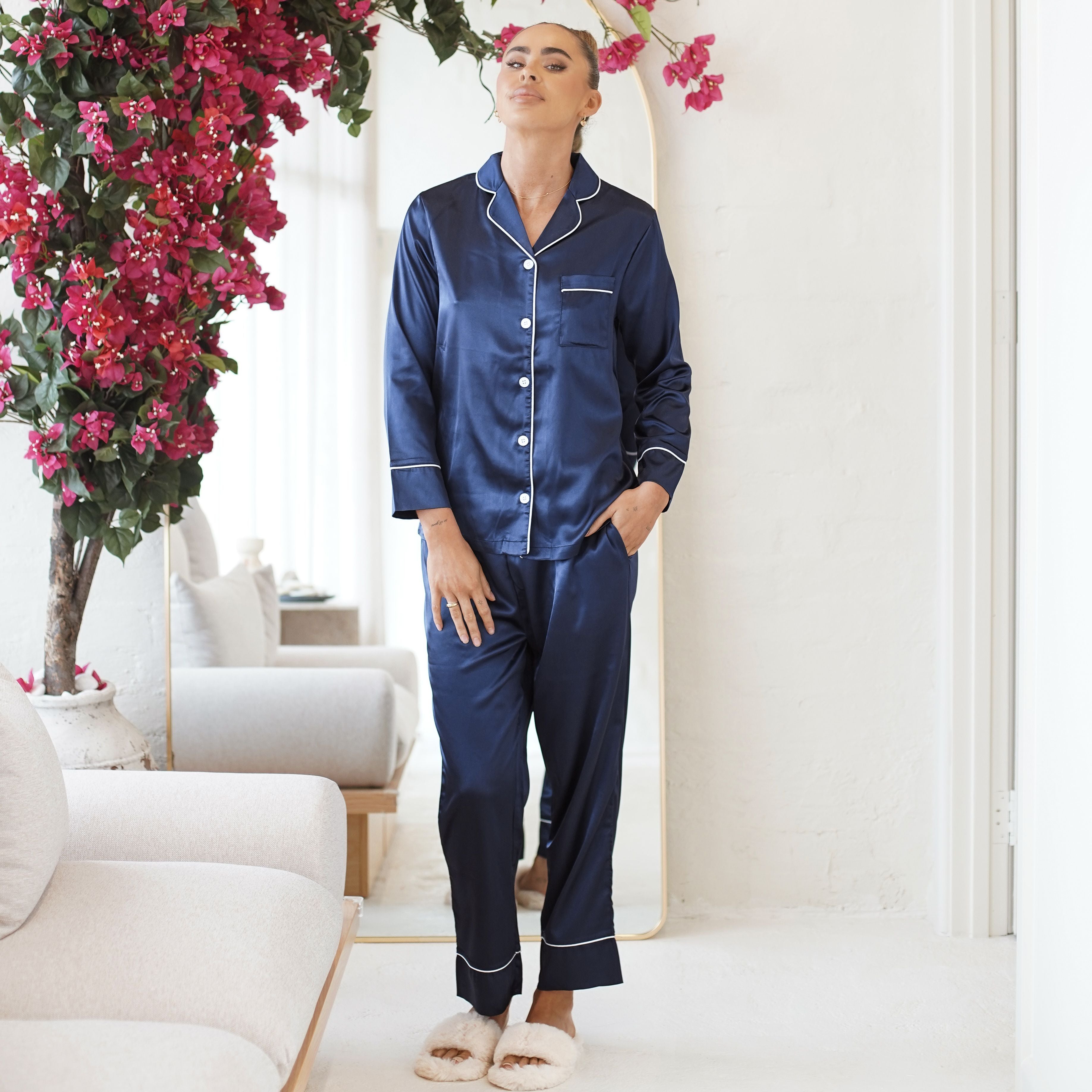 Navy pajamas with white piping sale