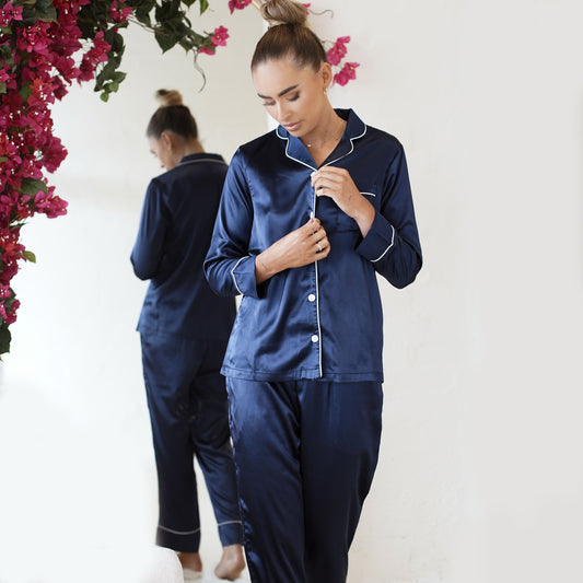 Long Sleeve Pyjamas in Navy with White Piping