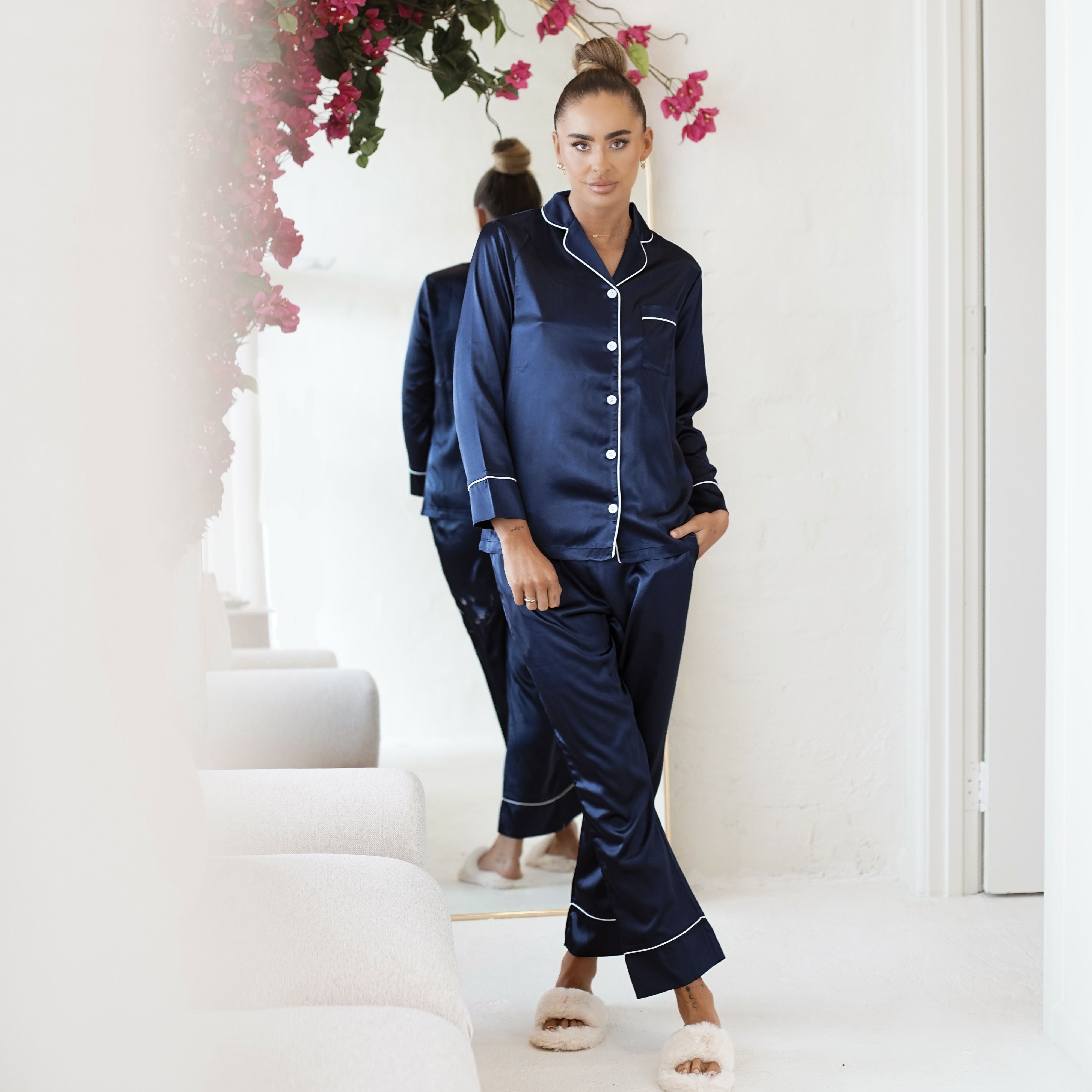 Long Sleeve Pyjamas in Navy with White Piping Dear Boa