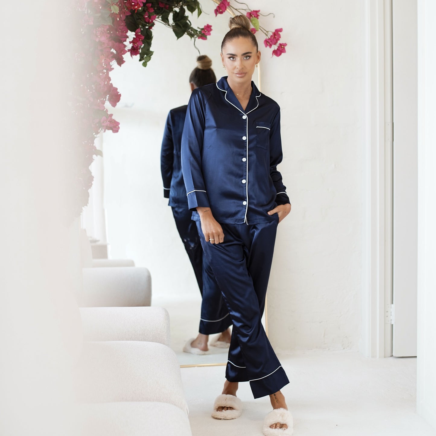 Long Sleeve Pyjamas in Navy with White Piping